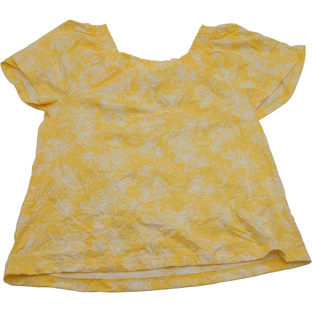 St Johns Bay Womens Small Yellow Floral Smocked Square Neck Cotton Blouse Top